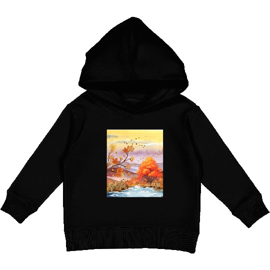 "Autumn Serenity by the Lake - Watercolor Swan" Kids Pullover Hoodies