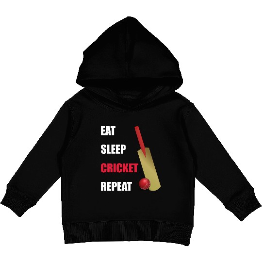 Eat Sleep Cricket Repeat Red and White Text Kids Pullover Hoodies