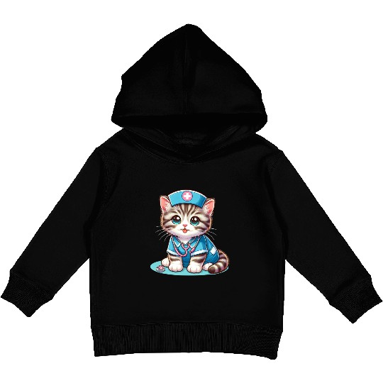 An American Shorthair kitten wearing a nurse Kids Pullover Hoodies