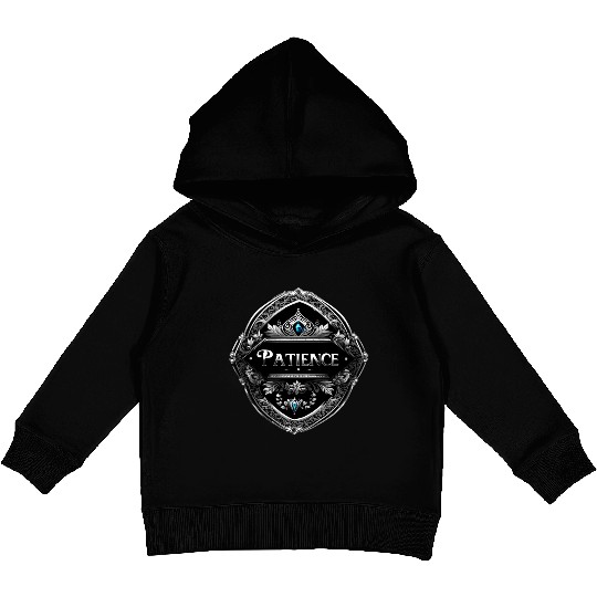 SILVER BLACK PATIENCE TEXT AI GENERATED Kids Pullover Hoodies