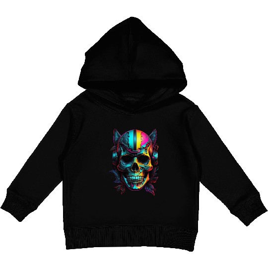 Black and Neon Skull Graphic Kids Pullover Hoodies - Edgy Goth