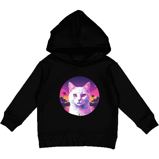 Synthwave White Cat 2 Kids Pullover Hoodies