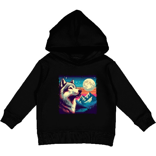Retro Wolf Gazing at the Moon Kids Pullover Hoodies