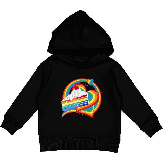 Piece of rainbow cake with cream and cherry Kids Pullover Hoodies