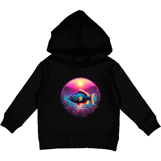 Synthwave Fish and Coral and a Sunset and Ocean Kids Pullover Hoodies