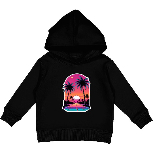Miami Road into the Sunset 80s Synthwave Retro Kids Pullover Hoodies