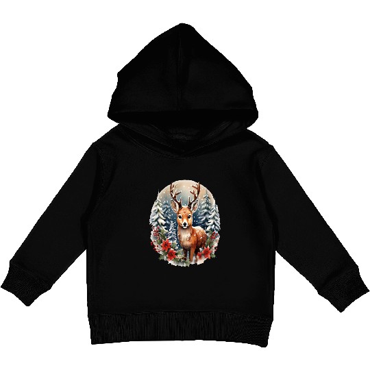Christmas Deer with Poinsettia and Snow Kids Pullover Hoodies