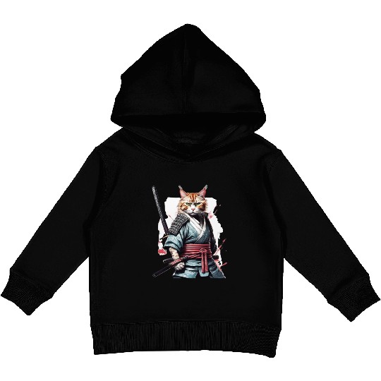 Fearless Samurai Cat Kids Pullover Hoodies
