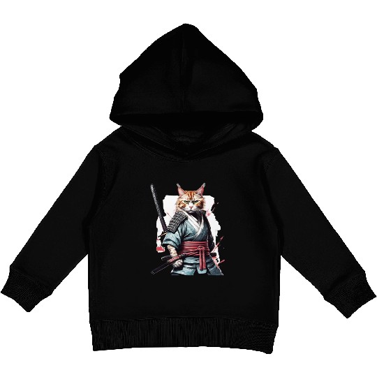 Fearless Samurai Cat Kids Pullover Hoodies