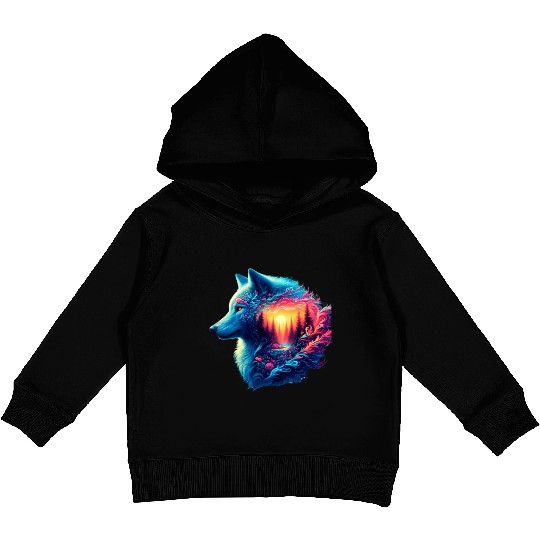 Colorful Wolf and Sunset Forest Kids Pullover Hoodies