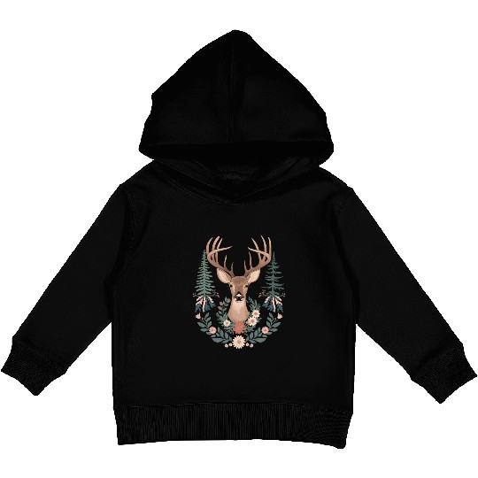 Cottagecore Deer with Floral Wreath and Evergreen Kids Pullover Hoodies