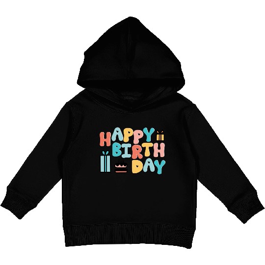 Happy Birthday Typography Art with Cake & Gifts Kids Pullover Hoodies