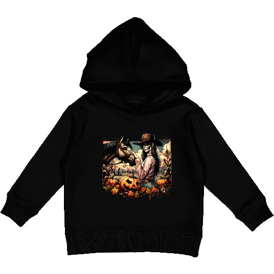 Haunting Cowgirl and Horse in Halloween Graveyard Kids Pullover Hoodies