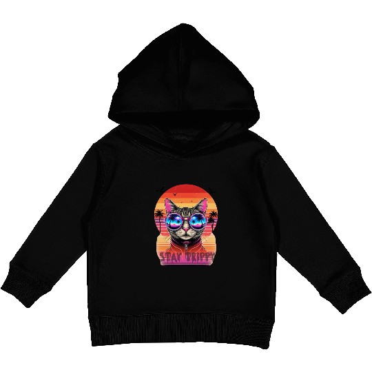 Stay Trippy Psychedelic Cat with Neon Sunglasses Kids Pullover Hoodies