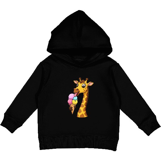 A giraffe licking a giant ice cream cone. Kids Pullover Hoodies