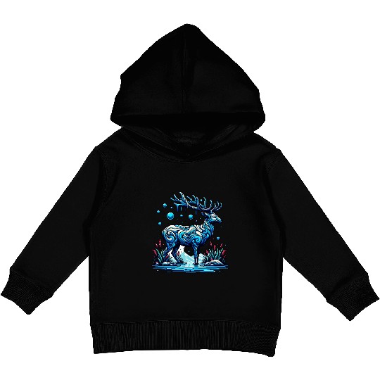 Majestic Blue Deer in Enchanted Forest Kids Pullover Hoodies