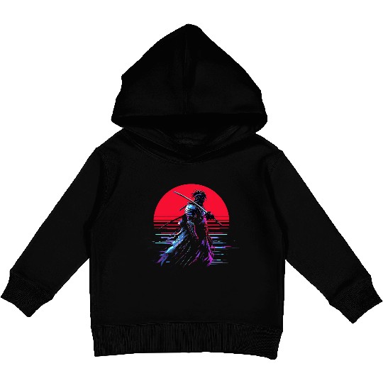 Cyberpunk Samurai Warrior Under Neon Moon Kids Pullover Hoodies