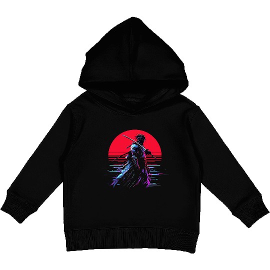 Cyberpunk Samurai Warrior Under Neon Moon Kids Pullover Hoodies