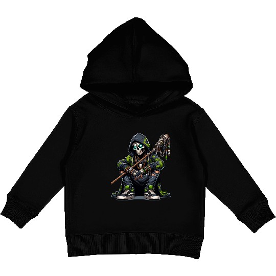 Urban Skull Shaman in Camo Kids Pullover Hoodies with Tribal Staf