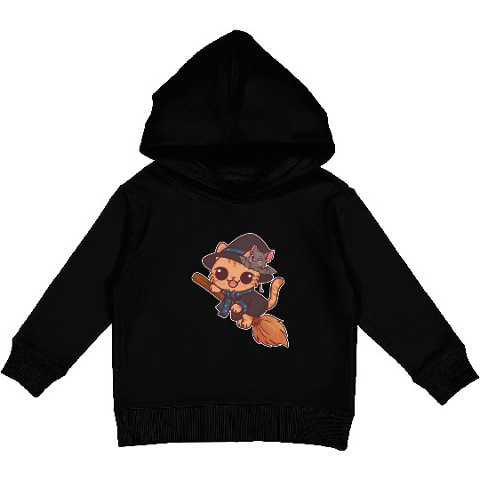 Enchanted Cat Witch with Bat Familiar Kids Pullover Hoodies