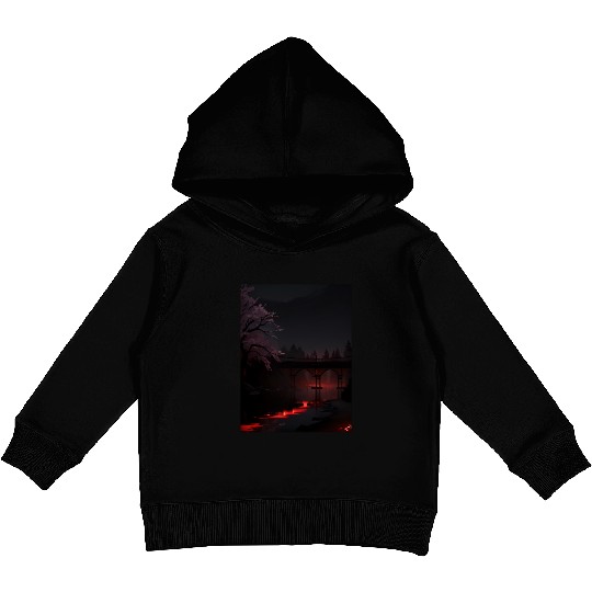Nighttime Bridge and Cherry Blossom Scene Kids Pullover Hoodies