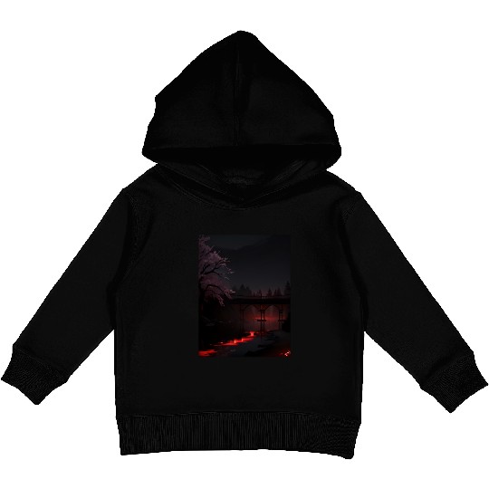 Nighttime Bridge and Cherry Blossom Scene Kids Pullover Hoodies