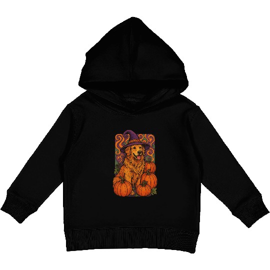 Halloween Wizard Golden Retriever with Pumpkins Kids Pullover Hoodies