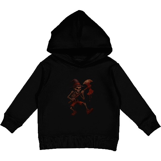 Haunted Skeleton Witch on Battle Axe Kids Pullover Hoodies