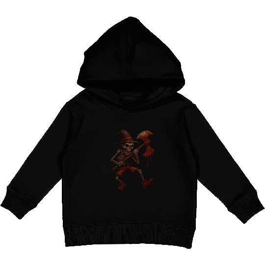 Haunted Skeleton Witch on Battle Axe Kids Pullover Hoodies