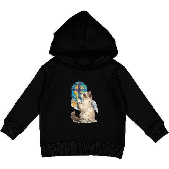 Celestial Cat with Stained Glass Cross Kids Pullover Hoodies