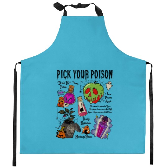 Vintage Pick Your Poison Disney Halloween Kitchen Aprons, Retro Disney Villains Poison Halloween Kitchen Aprons, Family Halloween Kitchen Aprons