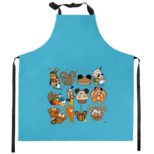 Disney Thanksgiving Kitchen Aprons, Disney Fall Vibes Kitchen Aprons, Mickey Mouse Pumpkin Drink Kitchen Aprons