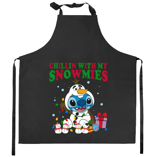 Disney Christmas Stitch Olaf Costume Kitchen Aprons, Chillin With My Snowmies Kitchen Aprons