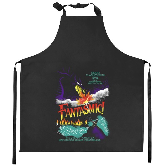 Retro Fantasmic Maleficent Dragon And Sorcerer Mickey Kitchen Aprons, Fantasia Disney Kitchen Aprons