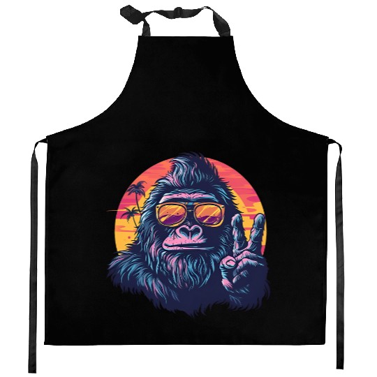 Gorilla on Vacation with a Sunset Peace Sign Kitchen Aprons
