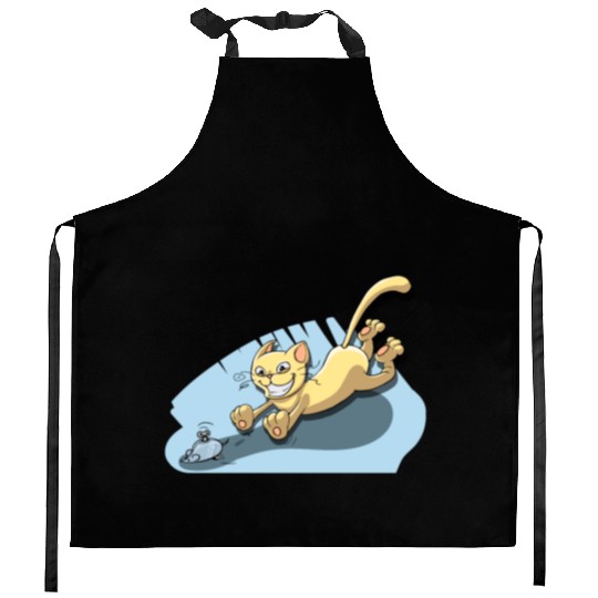 Cat Running After Rat - Tom and Jerry Illustration Kitchen Aprons