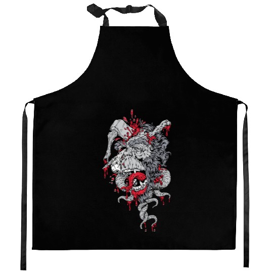 zombie ape with axe on head Kitchen Aprons