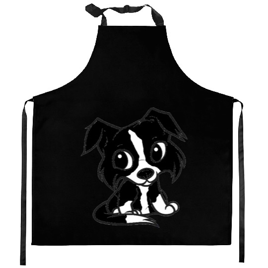 border collie bw cartoon Kitchen Aprons