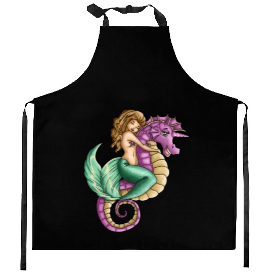 Little mermaid and cute seahorse lovely friendship Kitchen Aprons