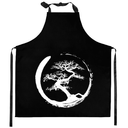 Zen Bonsai Tree in Enso Circle (white) Kitchen Aprons