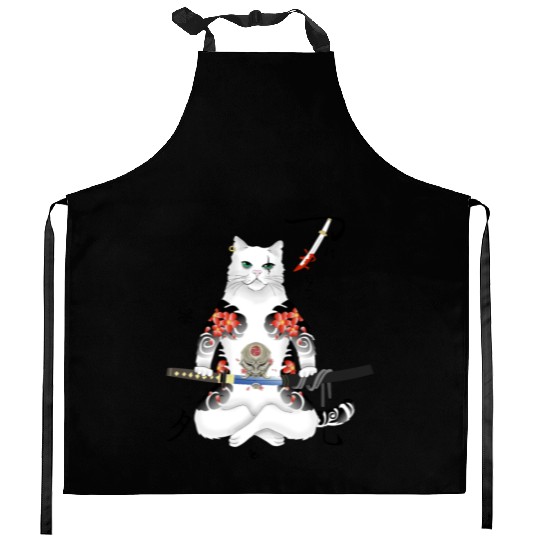 Japanese Samurai Cat Katana Ninja Yakuza Tattoo Kitchen Aprons
