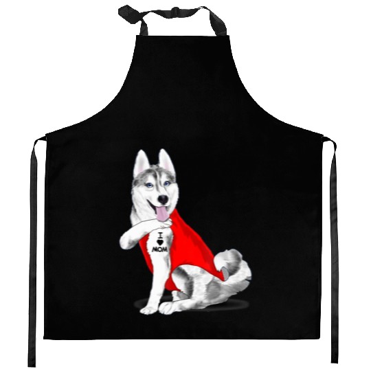 Funny husky Dog I Love Mom Tattoo husky Lover Gift Kitchen Aprons