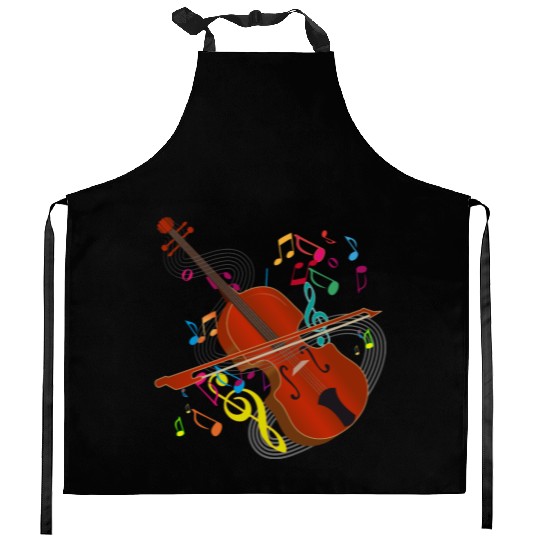 red-brown hand-drawn violin with notes Kitchen Aprons