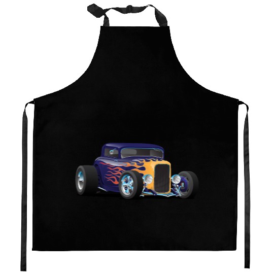 Vintage Hot Rod Car with Classic Flames Kitchen Aprons