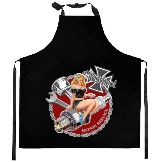 Old school repair service pinup Kitchen Aprons