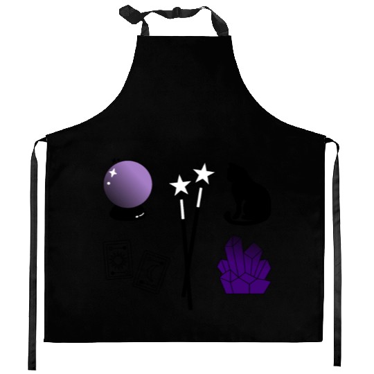 witch magic wand crystal ball tarot crystal cat Kitchen Aprons