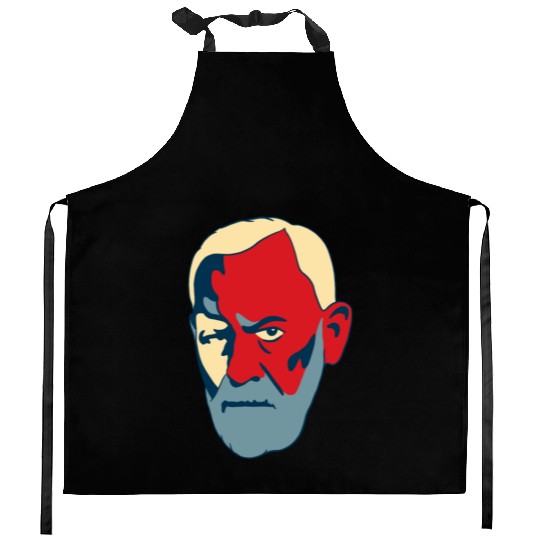 Sigmund Freud Portrait - Red and Blue Kitchen Aprons