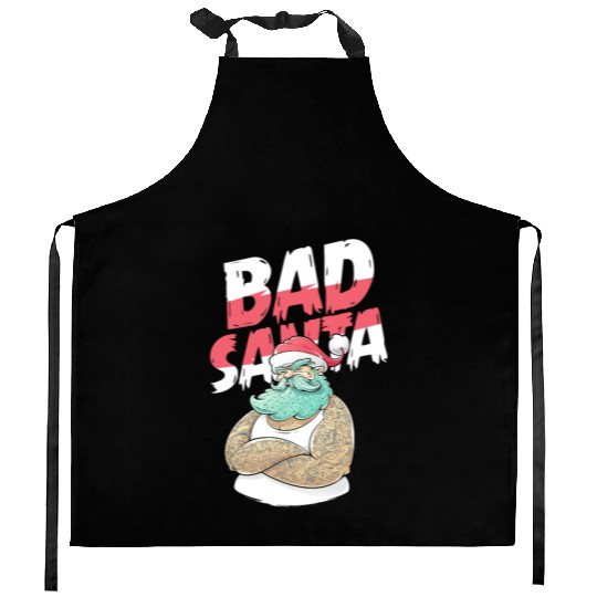 Bad Santa Claus Christmas Tattoo Kitchen Aprons