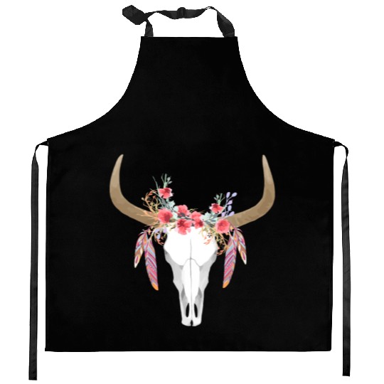 Floral Cow Skull With Feathers Bull Skull Kitchen Aprons