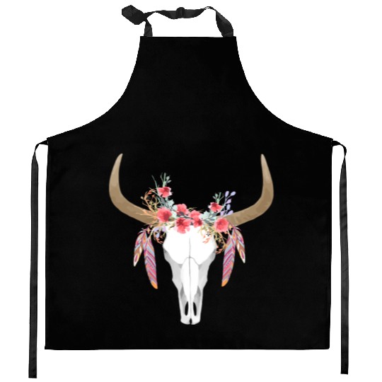 Floral Cow Skull With Feathers Bull Skull Kitchen Aprons